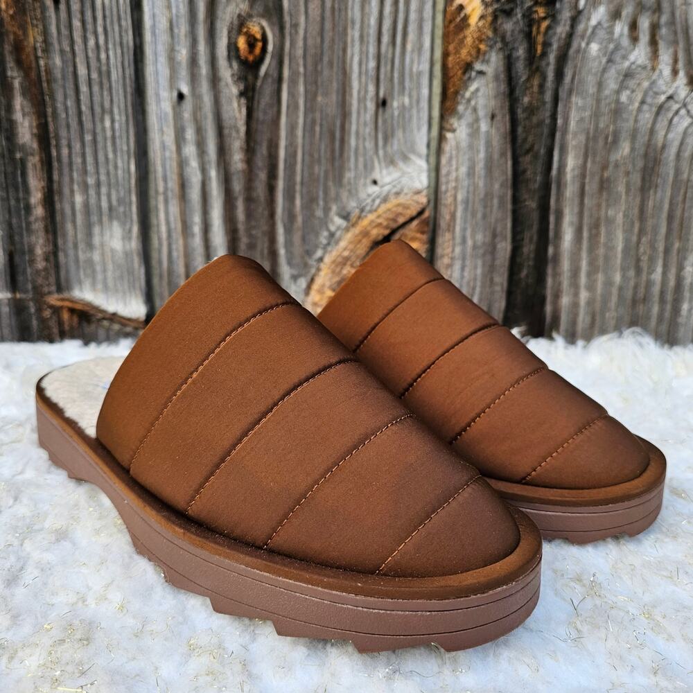 Steve Madden Chex Quilted Slipper Size 10 Faux Shearling Line Puffer Slide Brown